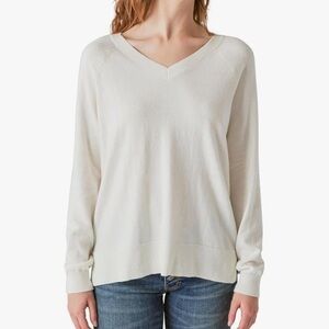 Lucky Brand V-Neck Sweater Long Sleeves Side Slits Cotton Blend white L NWT
